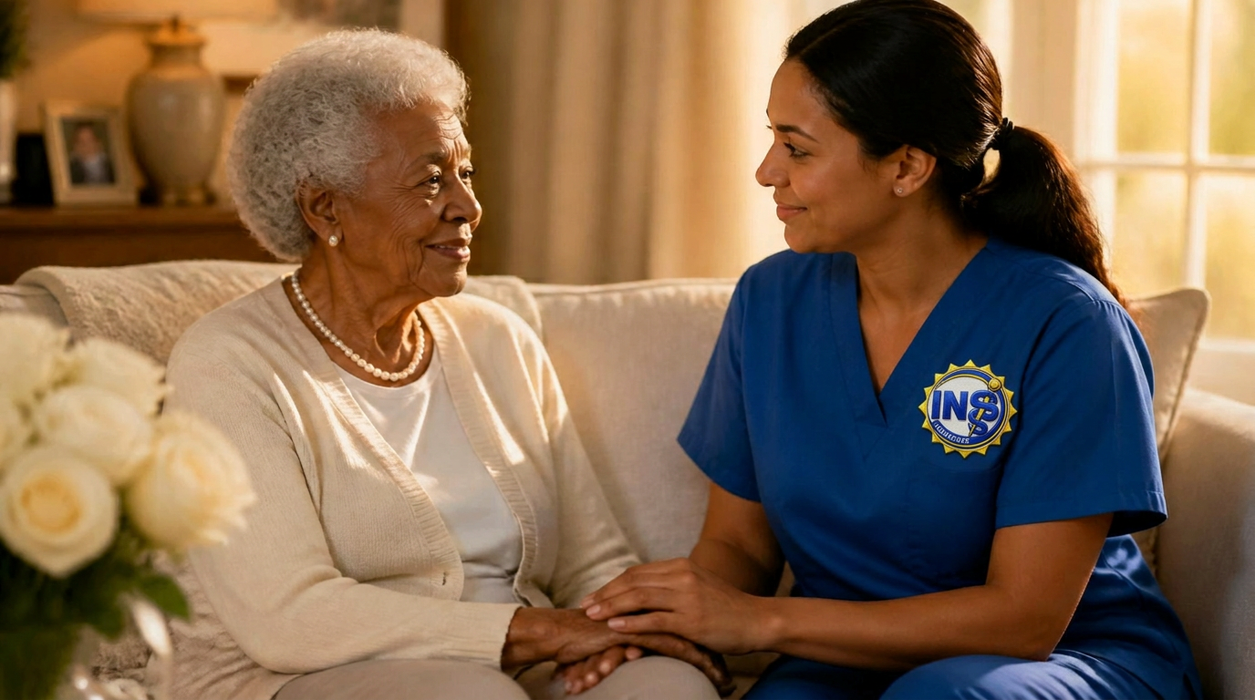 Elderly woman with her caregiver in an elegant home
