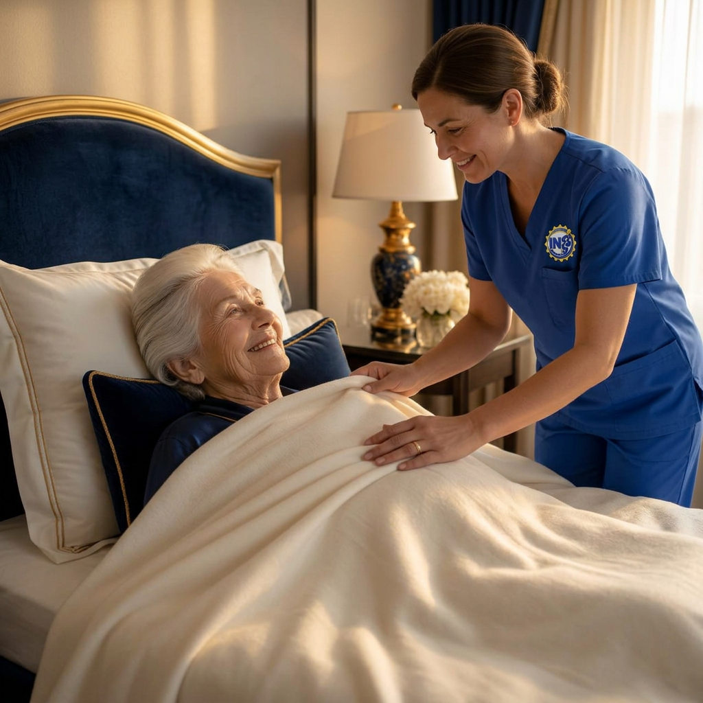 Caregiver holding hand of senior in a bright luxurious home